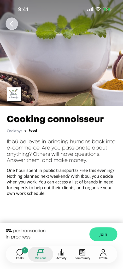 ibbü - Interfaz de la app ibbu que muestra una página de detalles de misión para un experto conocedor de cocina que gana dinero chateando