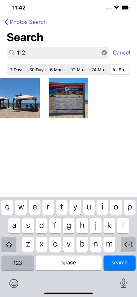 Search results in the Photos Search Text app showing images that contain the searched number 112