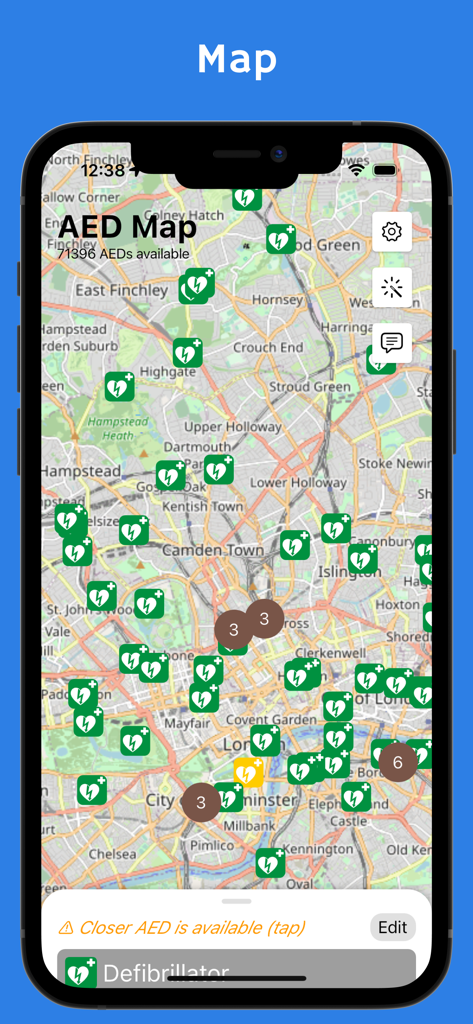 AED map - defibrillators - Mobile app map interface showing green icons for available defibrillator locations in an urban area