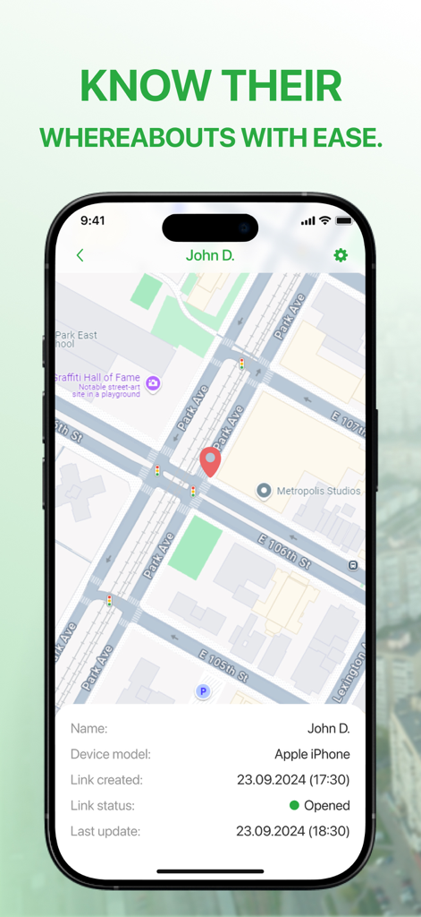 Real time GPS location tracking interface showing a contacts position on a map