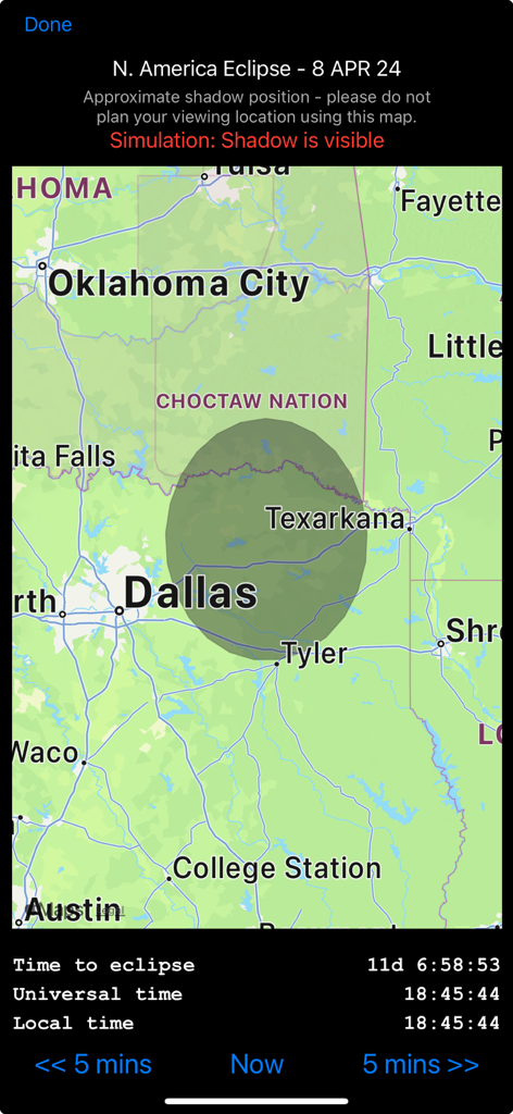 Pocket Universe - Astronomy - Map simulation showing the solar eclipse shadow path over Dallas and Texarkana on the Pocket Universe astronomy app.