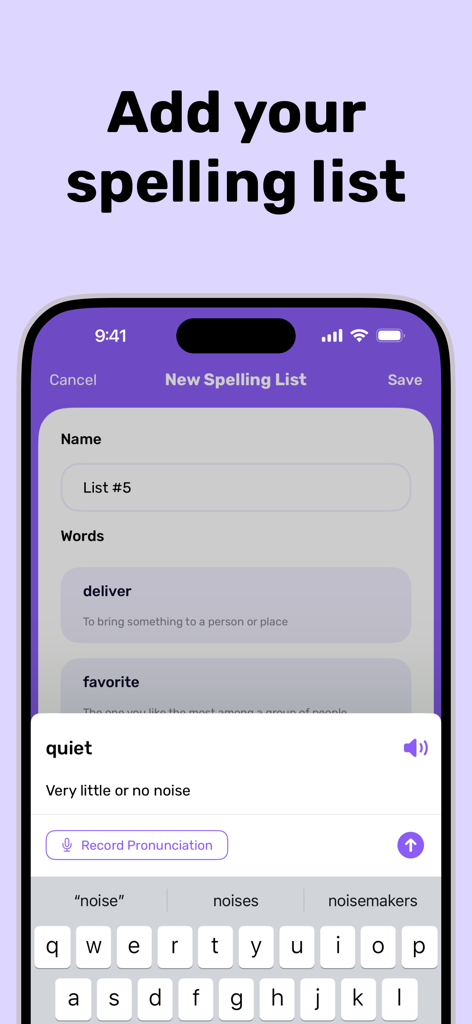 Spell It: Spelling Bee Games - Oberfläche der Spell It App, die die Erstellung einer neuen benutzerdefinierten Rechtschreibliste mit Wörtern und Definitionen zeigt