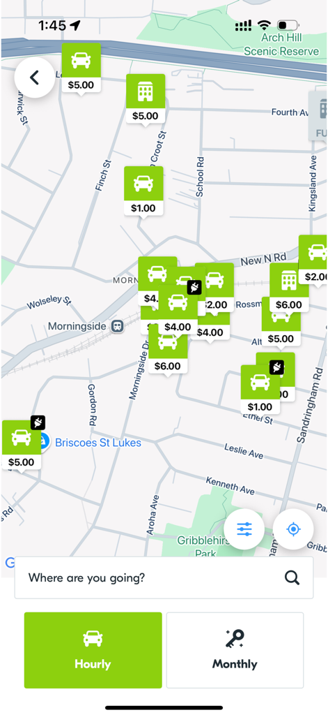 Parkable app map interface showing available parking spots with hourly prices and search functionality.