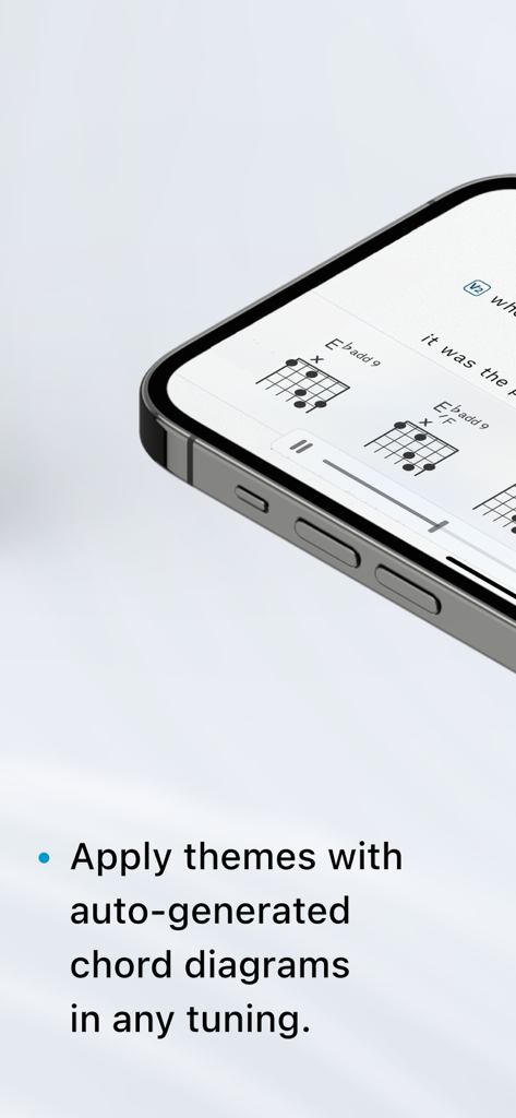 Songs - The App For Musicians - Mobile Bildschirmansicht mit Gitarrenakkorddiagrammen und Songtexten in der Songs-App.