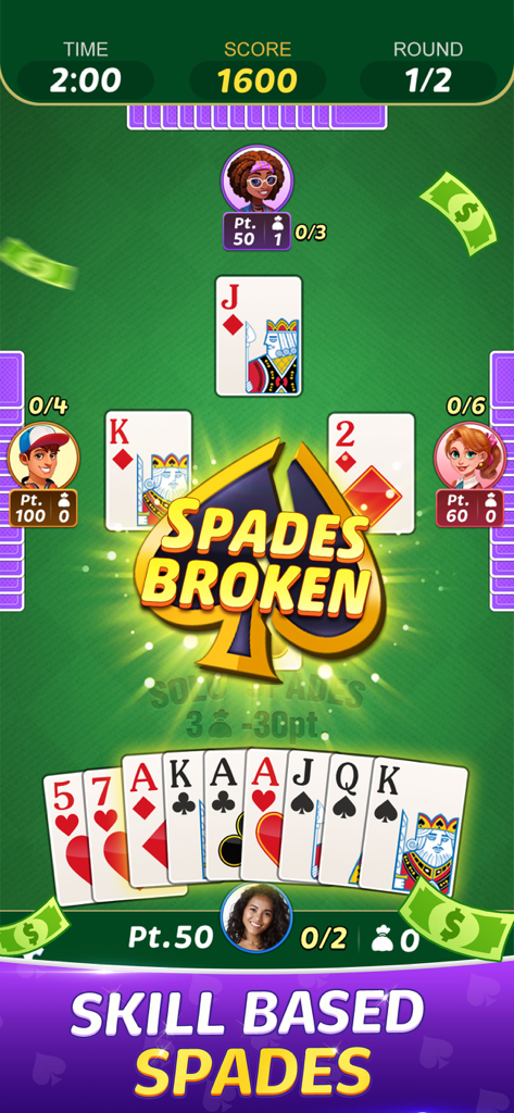 Gameplay screenshot of the Spades Win Real Cash mobile app showing a skill based card match