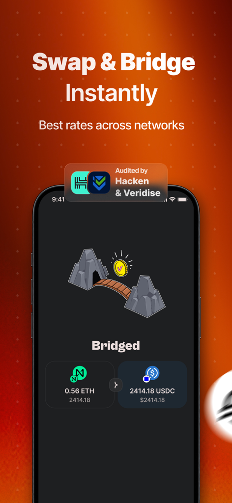 HOT Crypto Walletインターフェース。セキュリティ監査バッジを備えた、インスタントクロスチェーンスワップとデジタルアセットのブリッジングを表示しています。