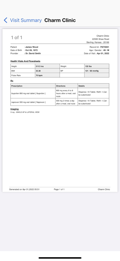 Charm mPHR - Charm mPHR visit summary displaying health vitals and prescriptions