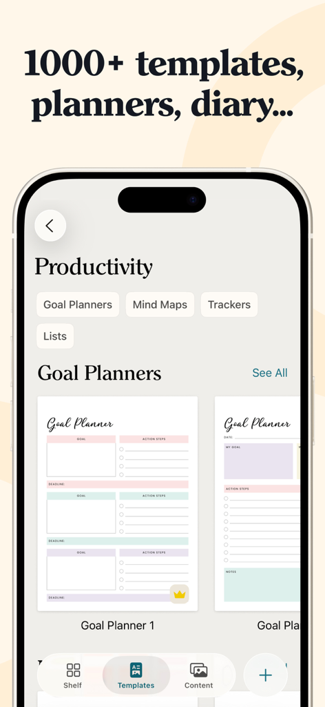 Noteshelf 3: AI Digital Notes - Captura de tela do aplicativo Noteshelf 3 exibindo vários modelos de planejador de metas e categorias de produtividade