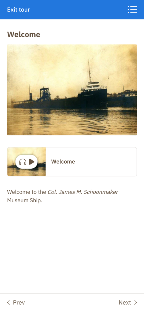 Willkommensbildschirm der Schoonmaker Tour-App mit einem historischen Schiffsfoto und einem Audioguide-Player.