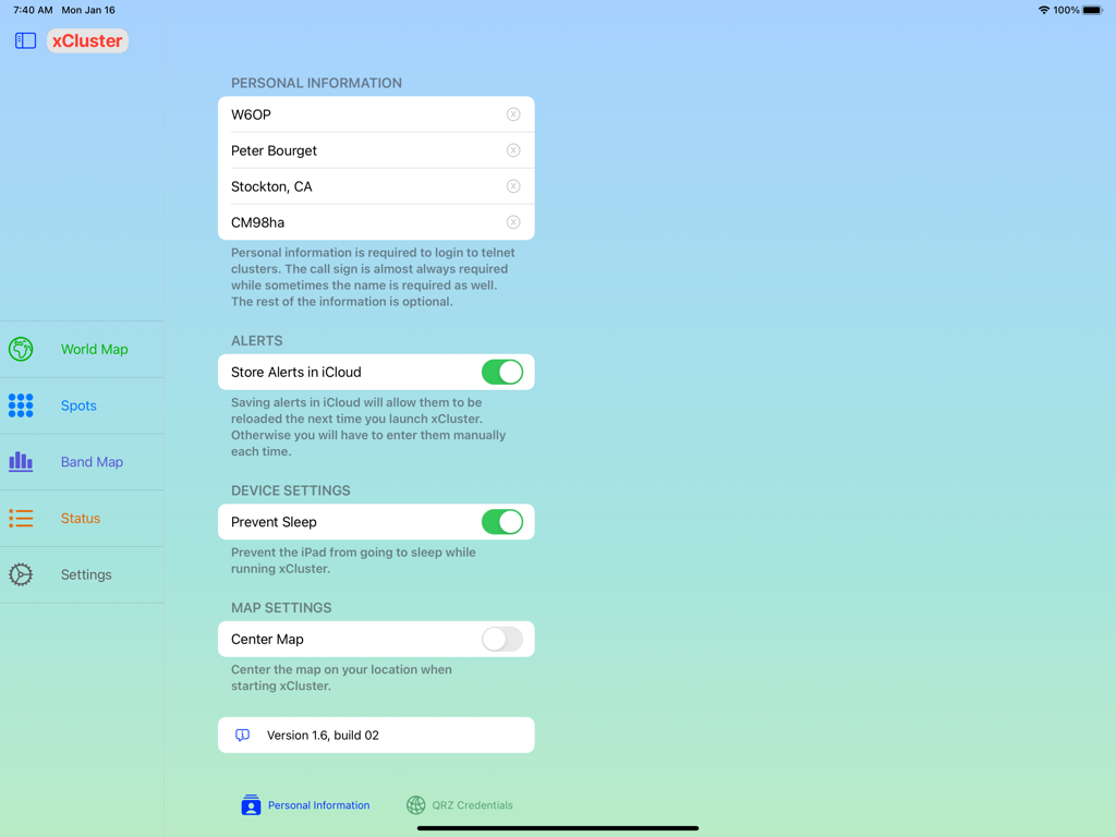 xCluster - ハム無線オペレーターの個人情報とデバイス設定を示すiPad用xClusterの設定インターフェース