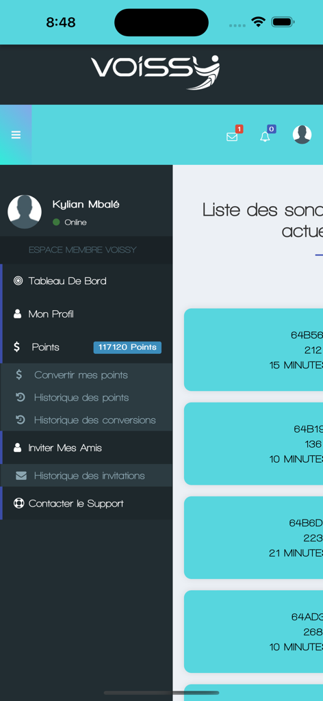 Tableau de bord de l'application mobile Voissy montrant le solde des points du profil utilisateur et la liste des sondages disponibles