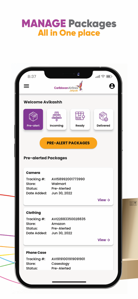 Caribbean Jetpak - Caribbean Jetpak mobile app dashboard showing a list of pre-alerted packages from retailers like Amazon and Walmart.