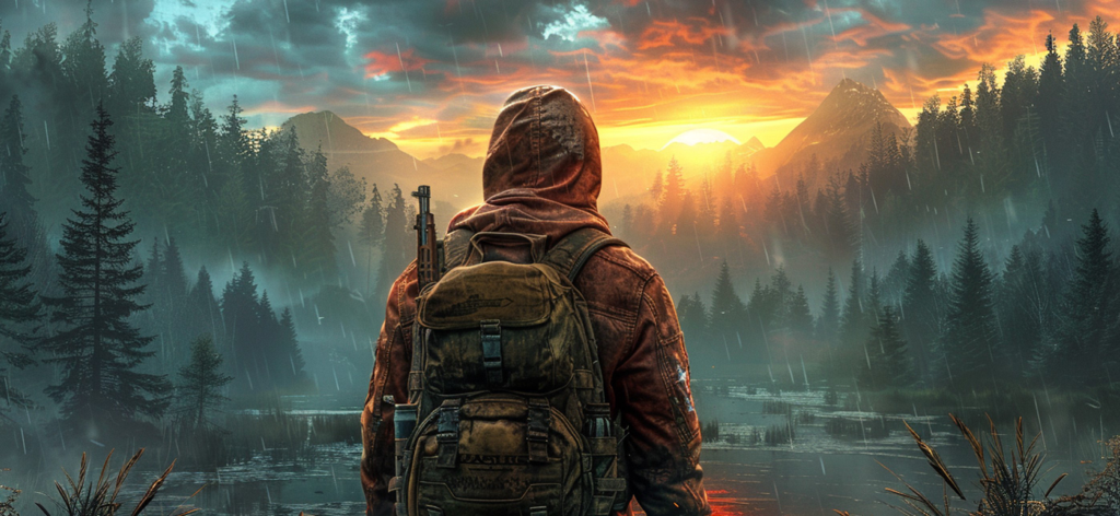 Ein Überlebender mit Rucksack und Gewehr blickt bei Sonnenuntergang über eine regnerische Waldlandschaft
