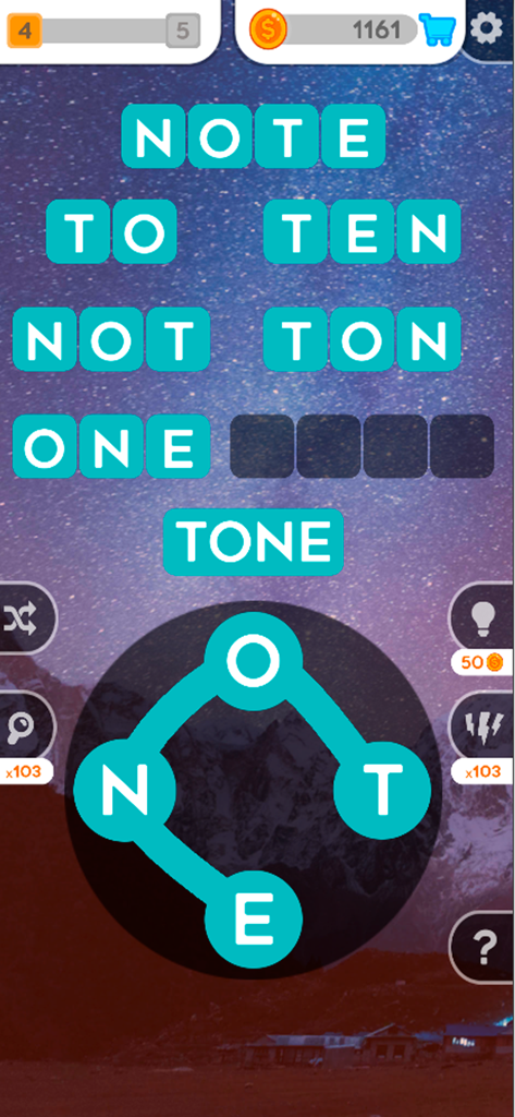 A mobile word connect game interface showing found words and a letter circle over a starry night mountain background
