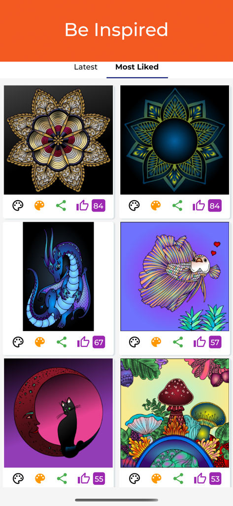 Coloring Book Pro Adult Relax - Gallery showing the most liked community colored artworks including mandalas a dragon and a cat in the Coloring Book Pro app