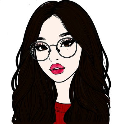 realistic korean girl with long hair, glasses and big lips