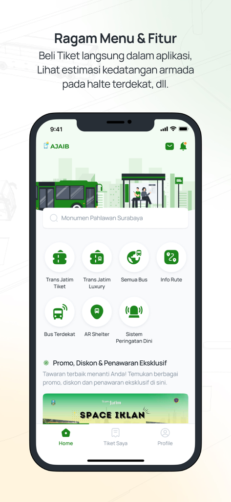 TRANSJATIM AJAIB mobile app home screen showing various transit menus and search bar for public bus navigation