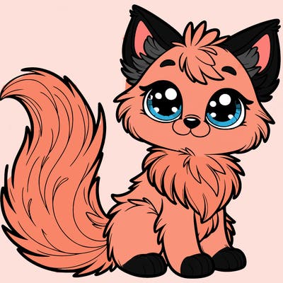 an anthropomorphic cat, fluffy ears, big eyes, and a fluffy tail