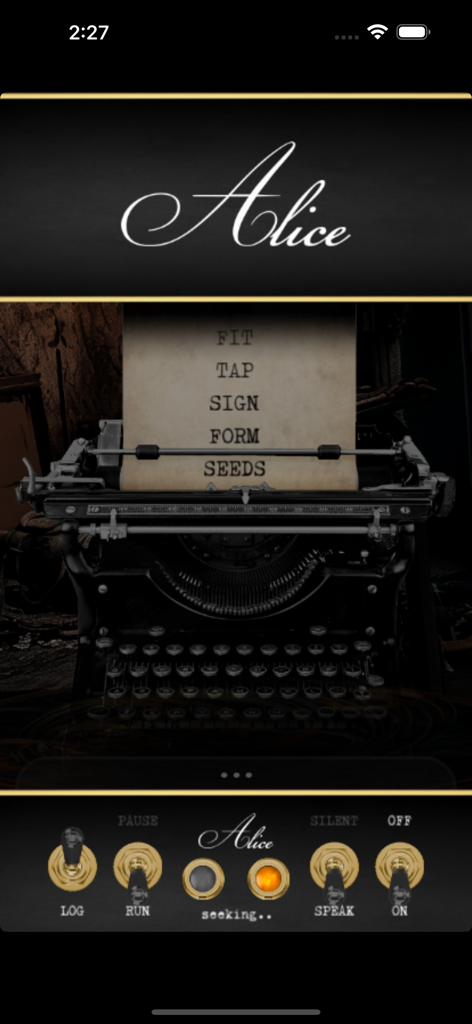 Alice Box - Interface of the Alice Box app showing a vintage typewriter with generated words and a control panel with toggle switches