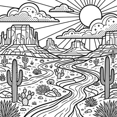 Dive into a vibrant interpretation of desert beauty with this captivating Pop Art Desert Valleys coloring page. Featuring bold lines and dynamic elements, it invites you to bring an iconic landscape to life with your own splash of color.