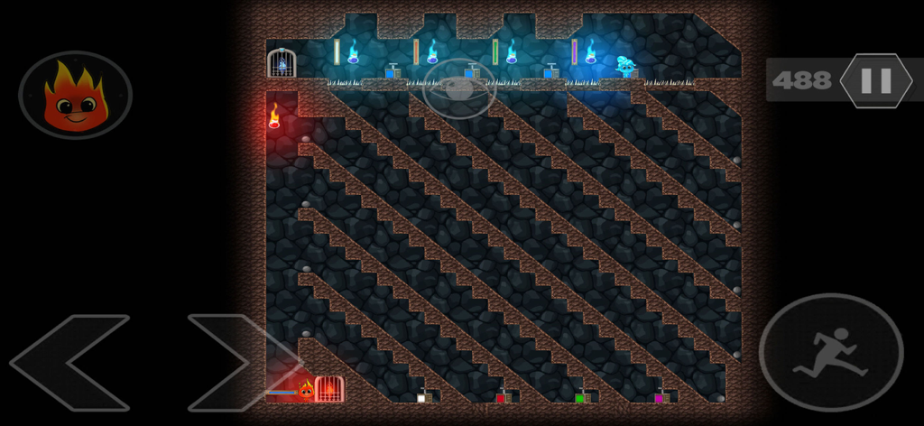 Personajes Fireboy y Watergirl en un nivel de juego de puzles cooperativo con plataformas diagonales.