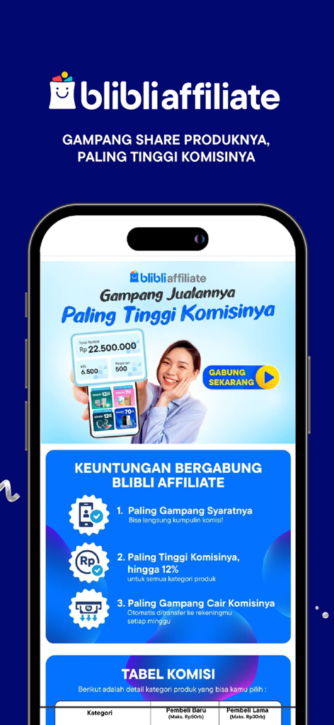 Mobile screen showing the Blibli Affiliate program with information on commission rates and benefits