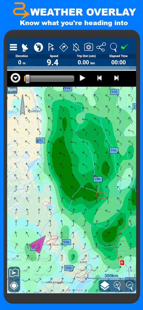 PathAway Outdoor Navigation - PathAway app displaying a weather overlay map with wind and atmospheric pressure data