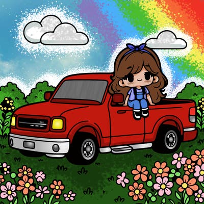 pick up truck in flower field with a cute girl in it bed of the truck