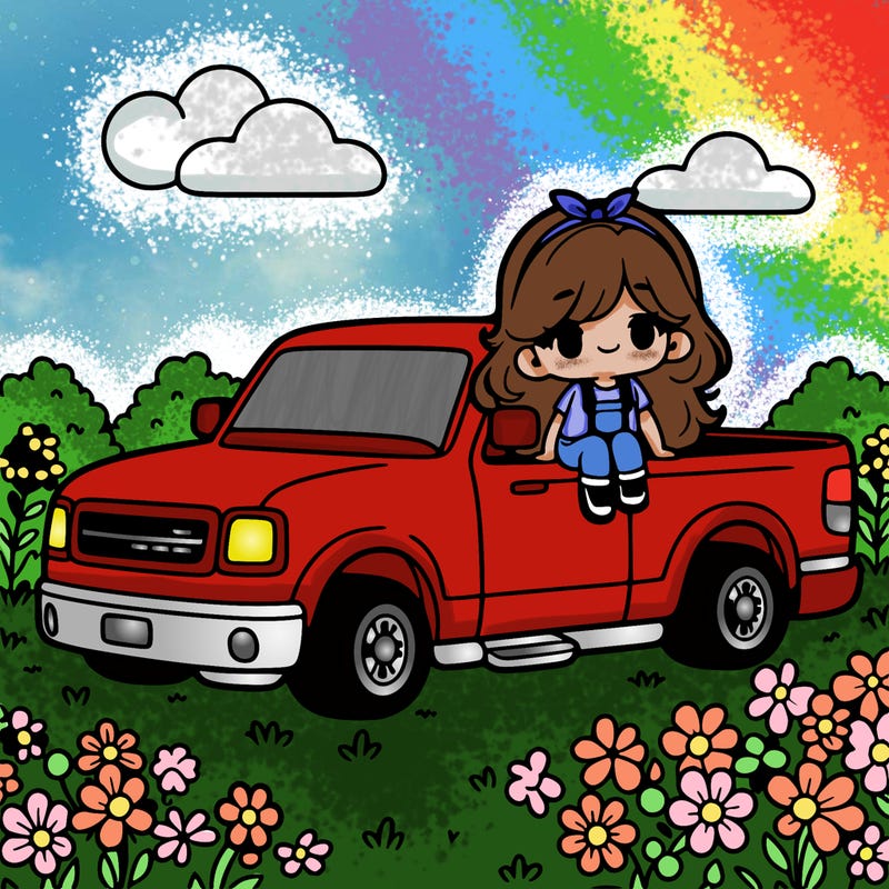 pick up truck in flower field with a cute girl in it bed of the truck