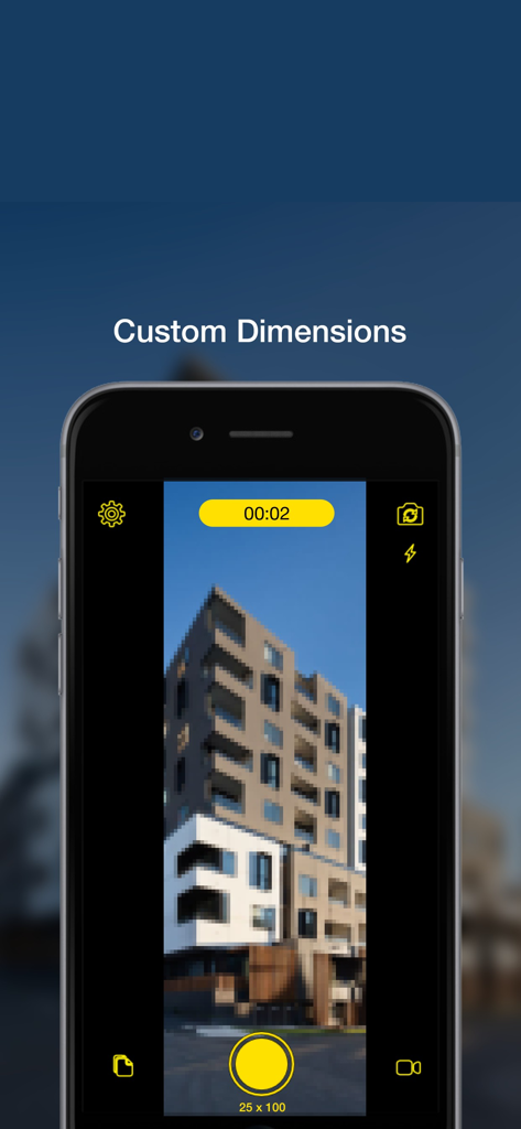 Interface of the LOWER app capturing a low-resolution photo of a building with custom dimensions of 25 by 100