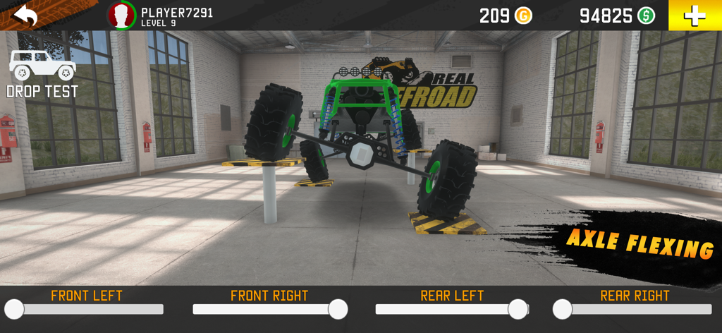 Real Offroad 4x4 Mud Trucks - Axle flexing test for a custom 4x4 mud truck in a garage workshop