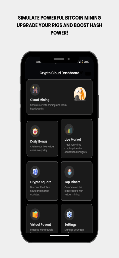 BTC Mining Cloud Sim - Main dashboard of the BTC Mining Cloud Sim app featuring virtual mining and daily bonuses