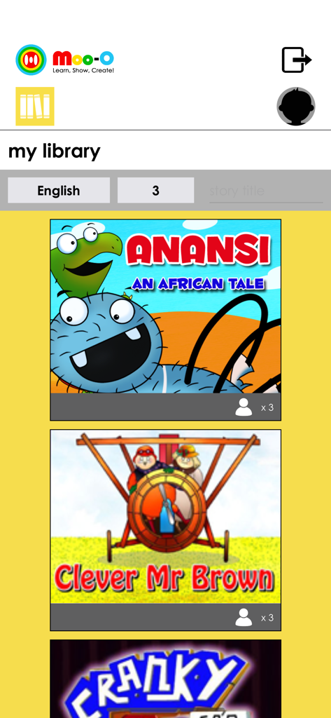 Moo-O - Interface of the Moo-O educational app showing the my library screen with storybooks like Anansi and Clever Mr Brown
