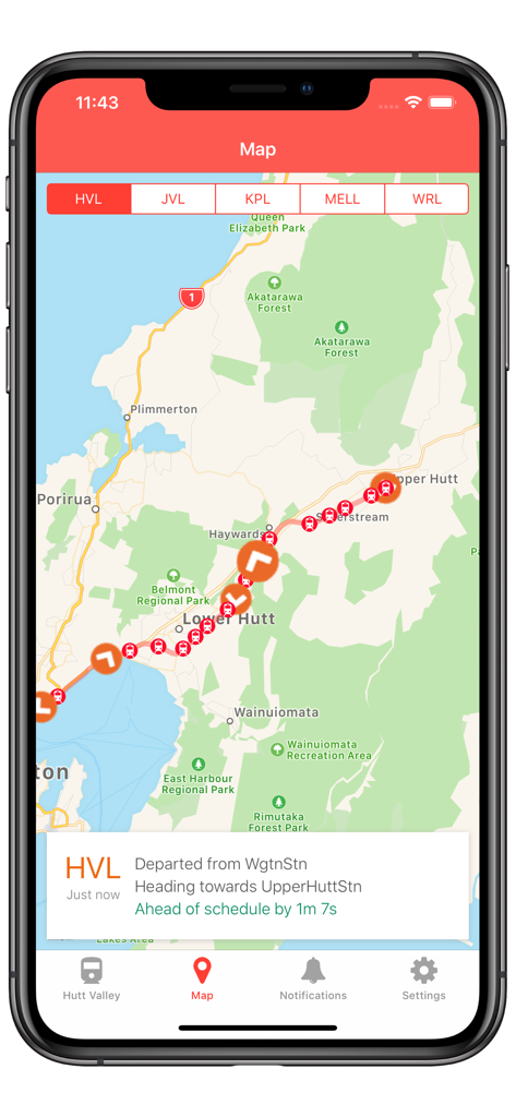Wellington Trains - Live map view showing real time train positions and schedule status in Wellington