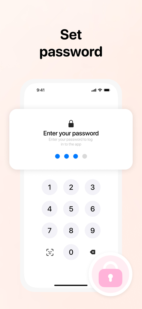 Secret Diary with Lock - Muse - Interfaz de la aplicación Muse Secret Diary que muestra la pantalla de entrada de contraseña con un teclado numérico y la opción de FaceID para un diario seguro.