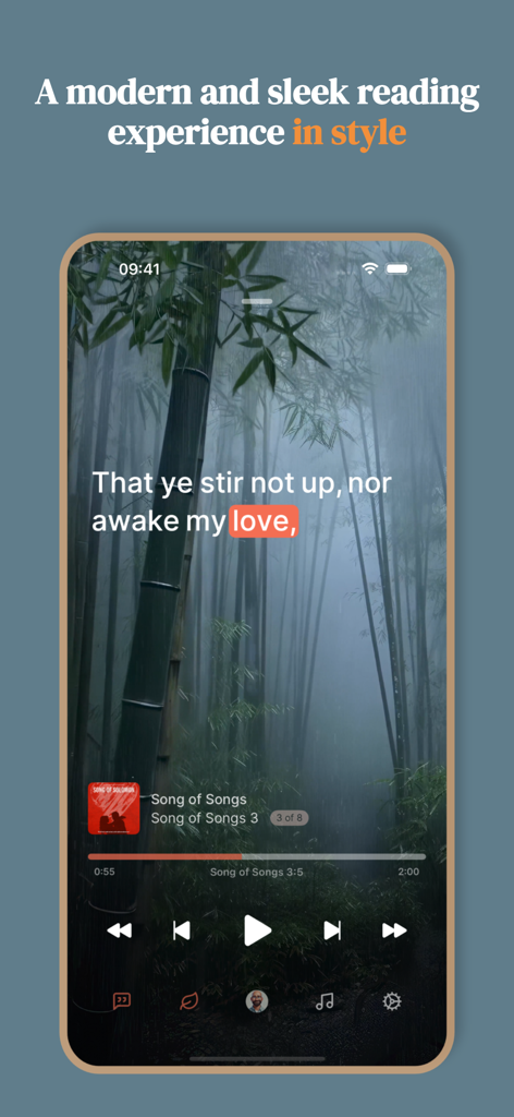 audibible - Audibible-App-Oberfläche, die einen Bibelvers mit einem immersiven Bambuswald-Hintergrund anzeigt