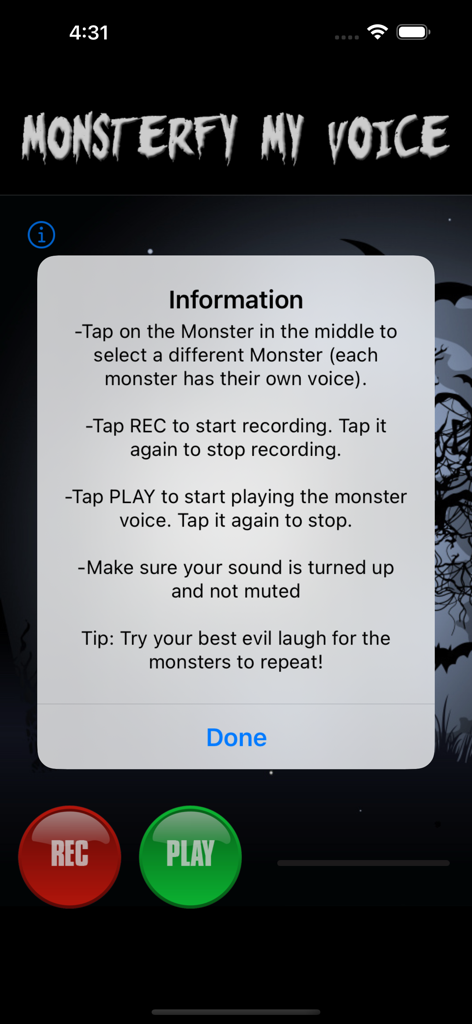 Monsterfy My Voice - Tela de pop-up de informações mostrando instruções para gravar e reproduzir vozes de monstro no aplicativo.