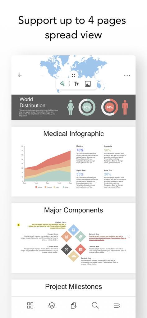 Flexcil for Education app interface showing a vertical four page spread view with various educational charts and infographics