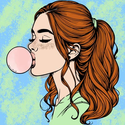 a realistic girl blowing a big bubble out of gum