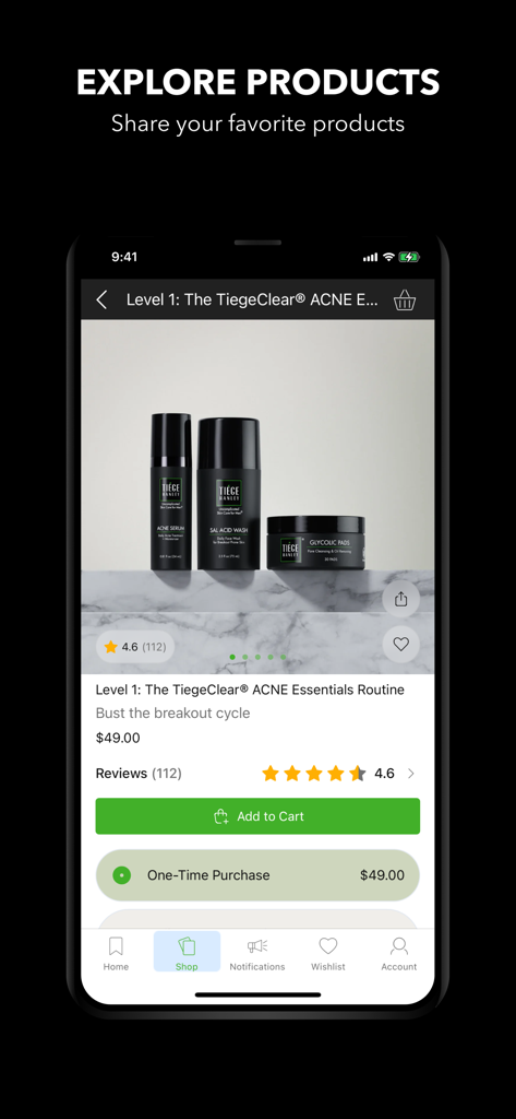 Tiege Hanley - Eine Produktseite in der Tiege Hanley Mobile App für die Level 1 Akne-Essentials-Routine für Männer.
