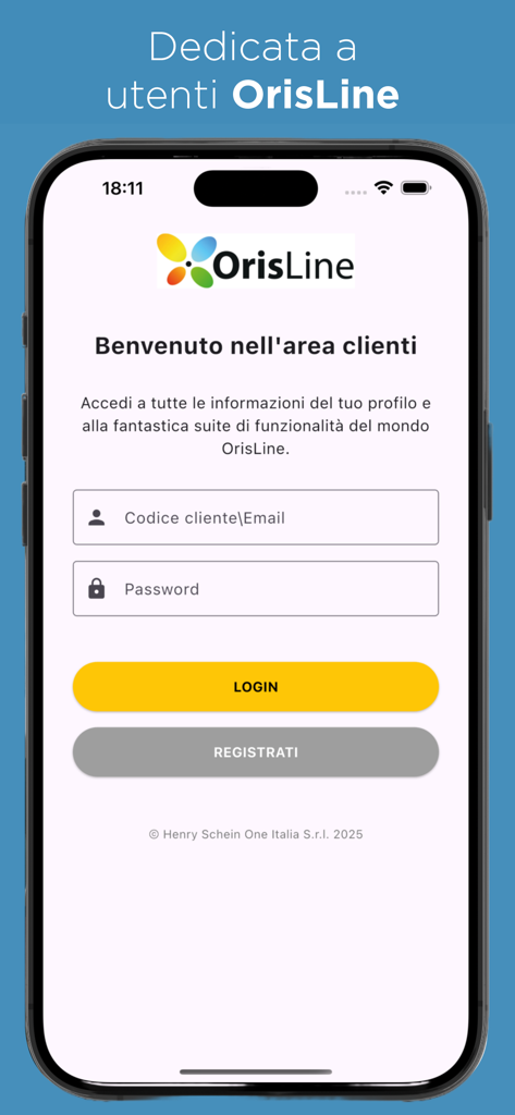 Pantalla de inicio de sesión de la aplicación móvil MyOris para la gestión de clínicas dentales OrisLine.
