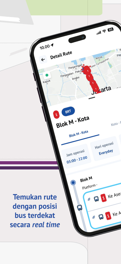 TJ:Transjakarta - Transjakarta app route details screen with real time bus positions on a map