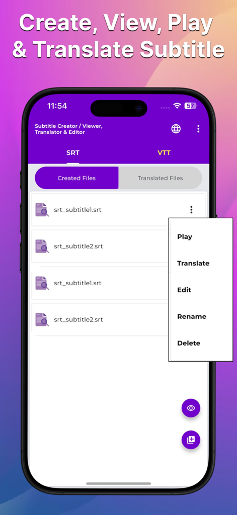 Subtitle Viewer & Translator - 作成されたSRTファイルのリストを表示するSubtitle Viewerアプリのインターフェース。再生、翻訳、編集メニューあり。