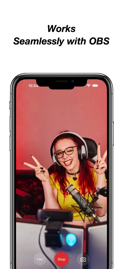 OBS Studio Camera - Ein Smartphone zeigt die OBS Studio Camera App mit einem Live-Videostream eines Streamers