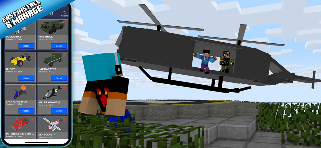 Cars Addon for Minecraft - Interfaccia dell'app Addon Auto per Minecraft che mostra una libreria di veicoli e un elicottero in un mondo di gioco.