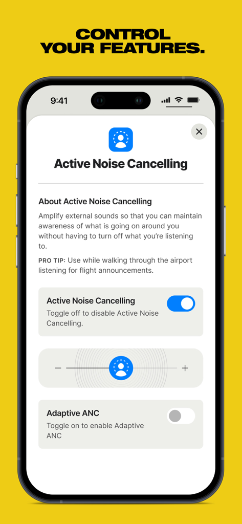 Skullcandy - Interface of the Skullcandy app showing Active Noise Cancelling and Adaptive ANC toggle controls and an intensity slider on a smartphone.
