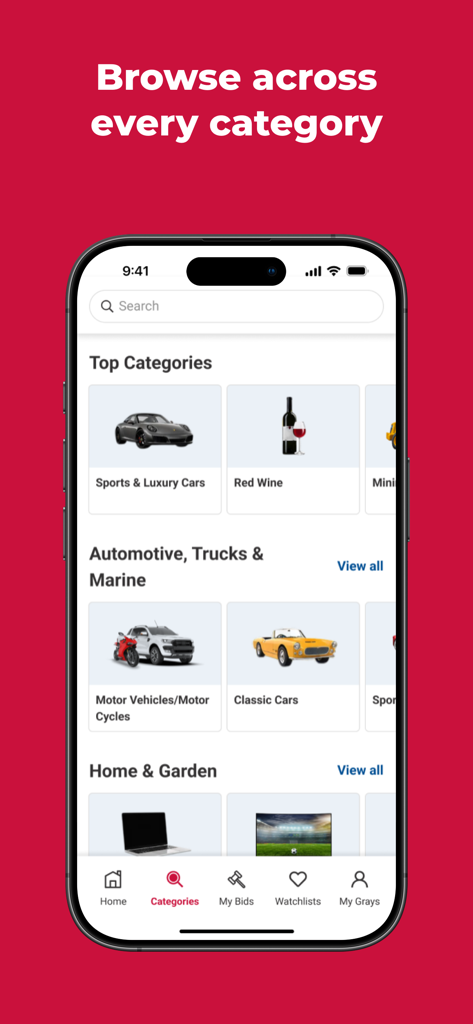 Grays auction app interface displaying various shopping categories like luxury cars and red wine