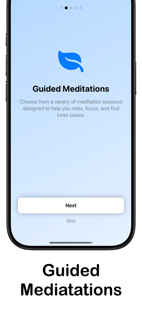 Take Breath - Meditation Focus - Schermata di onboarding delle meditazioni guidate sull'app Take Breath con un'icona di foglia blu e un pulsante 'Avanti'.