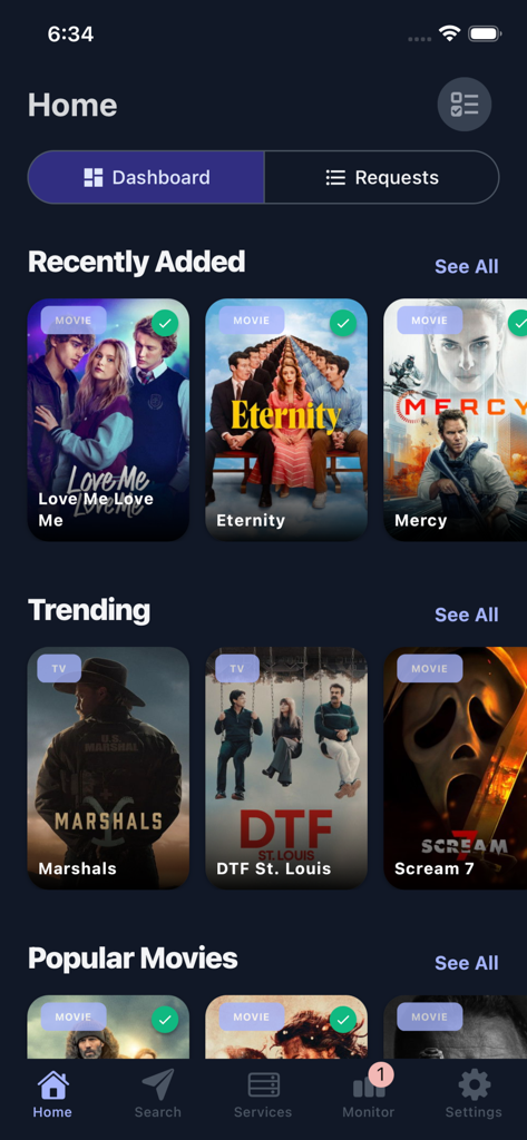 ServerrSeerr - Le tableau de bord principal de ServerrSeerr montrant les films récemment ajoutés et populaires