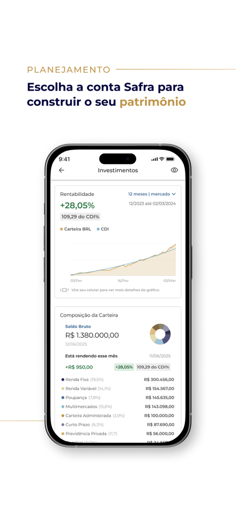 Safra: investimentos e conta - Mobile app interface for Banco Safra showing an investment portfolio with a balance of over 1 million reais and growth charts.